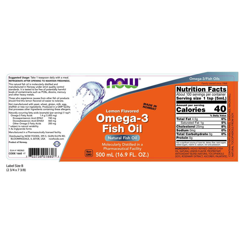 NOW Supplements, Omega-3 Fish Oil Liquid, 분자 증류법 추출, 레몬 맛, 16.9 oz