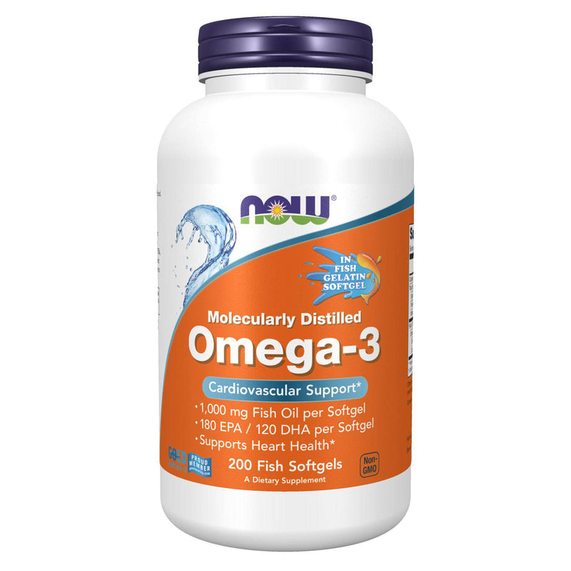 Suplementos NOW, Omega-3 180 EPA / 120 DHA, Molecularmente destilado, Apoyo cardiovascular*, 200 cápsulas blandas de gelatina de pescado