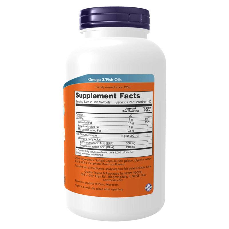 Suplementos NOW, Omega-3 180 EPA / 120 DHA, Molecularmente destilado, Apoyo cardiovascular*, 200 cápsulas blandas de gelatina de pescado