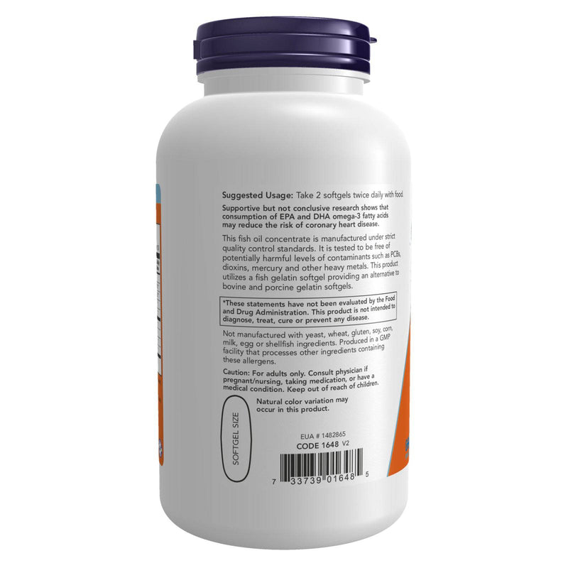 NOW Suplementos, Omega-3 180 EPA / 120 DHA, Destilado Molecularmente, Suporte Cardiovascular*, Softgels de Gelatina de 200 Peixes