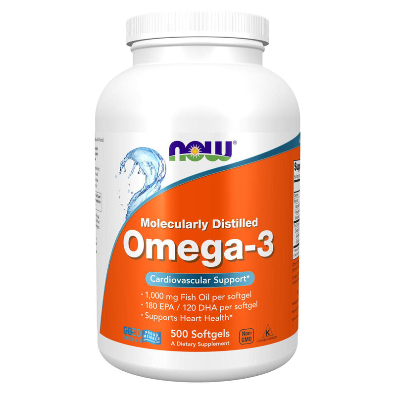 Suplementos NOW, Omega-3 180 EPA/120 DHA, Molecularmente destilado, Apoyo cardiovascular*, 500 cápsulas blandas