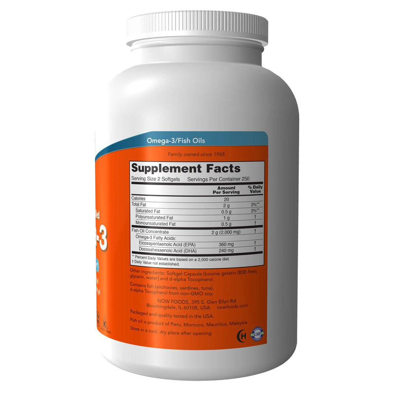 Suplementos NOW, Omega-3 180 EPA/120 DHA, Molecularmente destilado, Apoyo cardiovascular*, 500 cápsulas blandas