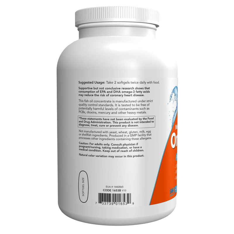 Suplementos NOW, Omega-3 180 EPA/120 DHA, Molecularmente destilado, Apoyo cardiovascular*, 500 cápsulas blandas