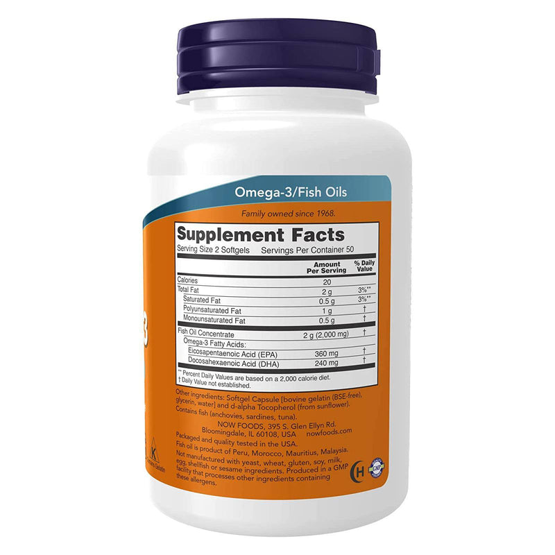 Suplementos NOW, Omega-3 180 EPA/120 DHA, Molecularmente destilado, Apoyo cardiovascular*, 100 cápsulas blandas