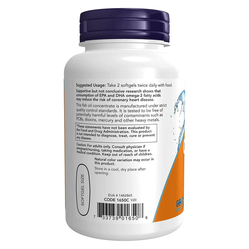 NOW Suplementos, Omega-3 180 EPA / 120 DHA, Destilado Molecularmente, Suporte Cardiovascular*, 100 Cápsulas Cápsulas