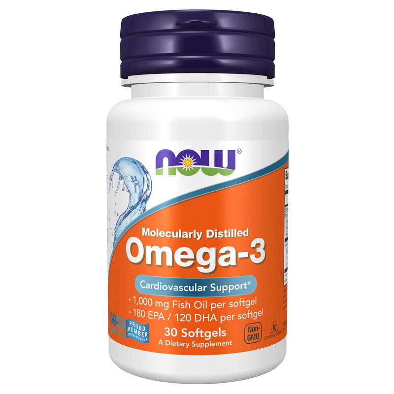 Suplementos NOW, Omega-3 180 EPA/120 DHA, Molecularmente destilado, Apoyo cardiovascular*, 30 cápsulas blandas