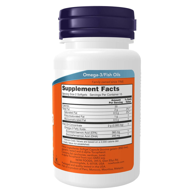 Suplementos NOW, Omega-3 180 EPA/120 DHA, Molecularmente destilado, Apoyo cardiovascular*, 30 cápsulas blandas