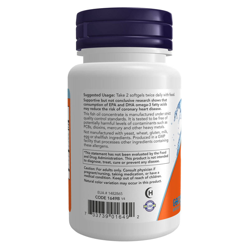 Suplementos NOW, Omega-3 180 EPA/120 DHA, Molecularmente destilado, Apoyo cardiovascular*, 30 cápsulas blandas