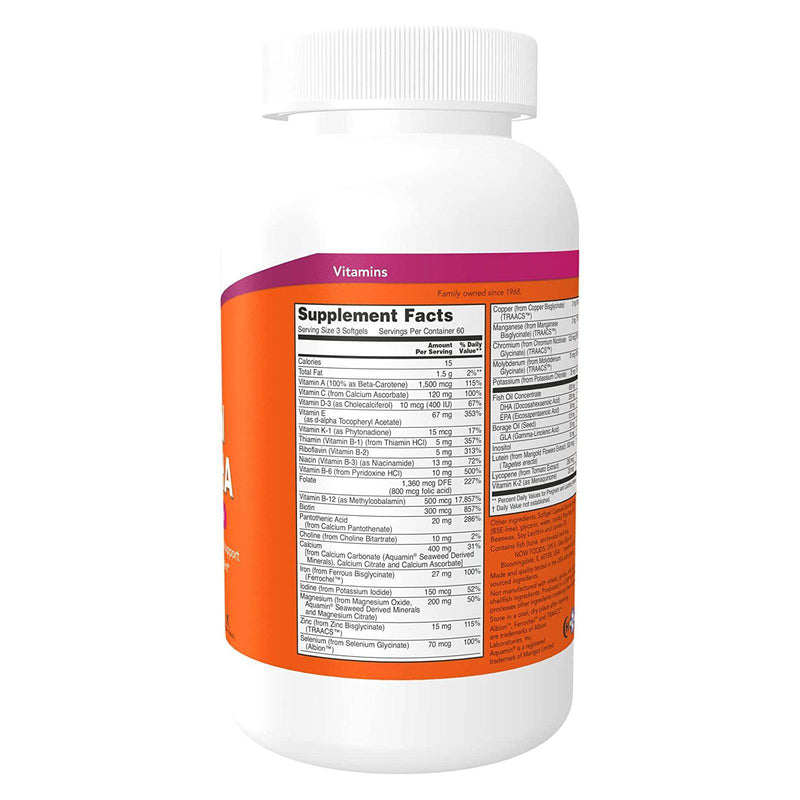 Suplementos NOW, géis pré-natais + DHA com 250 mg de DHA por porção, além de óleo de borragem (GLA), 180 cápsulas gelatinosas