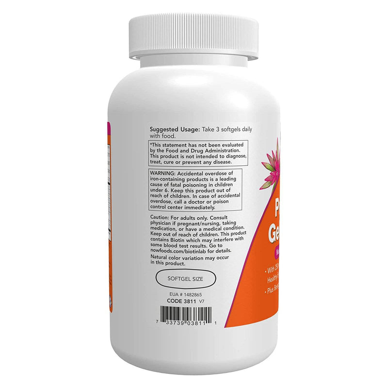 Suplementos NOW, géis pré-natais + DHA com 250 mg de DHA por porção, além de óleo de borragem (GLA), 180 cápsulas gelatinosas