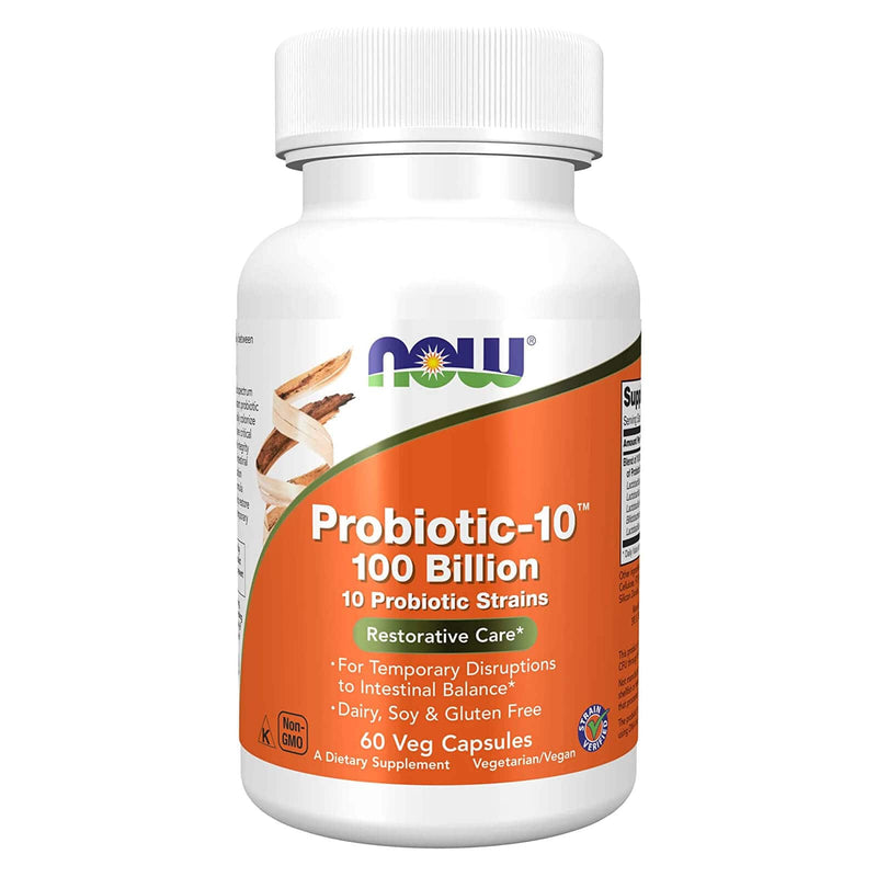 NOW Supplements, Probiotic-10™, 10종 혼합 Probiotic 1000억 마리이상, 유제품, 대두 및 글루텐 프리, 균주 검증 , 60 식물성 캡슐