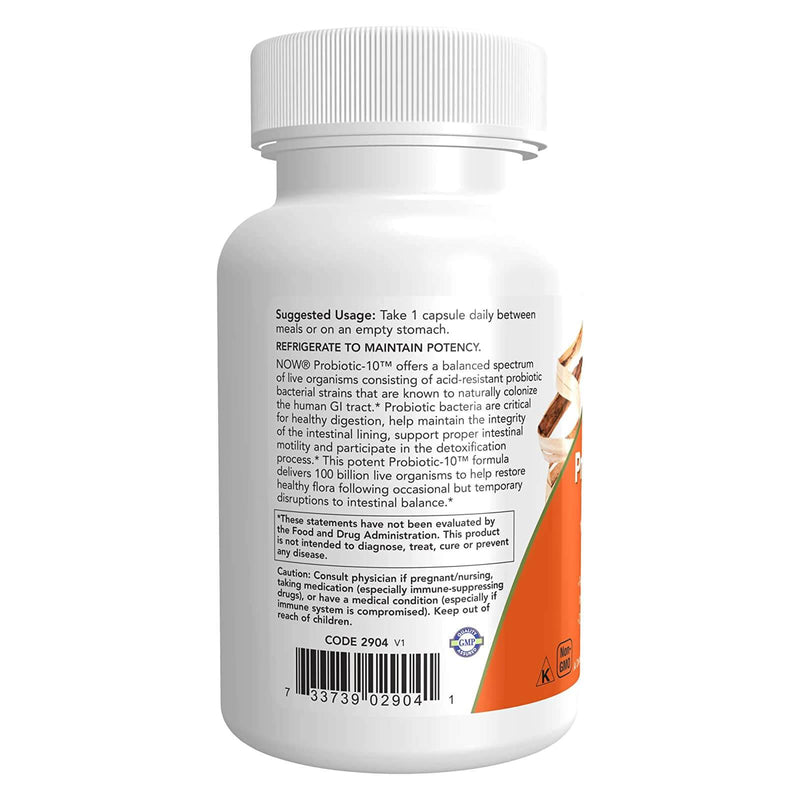 Suplementos NOW, Probiotic-10™, 100 bilhões, com 10 cepas probióticas, laticínios, soja e sem glúten, cepa verificada, 60 cápsulas vegetais