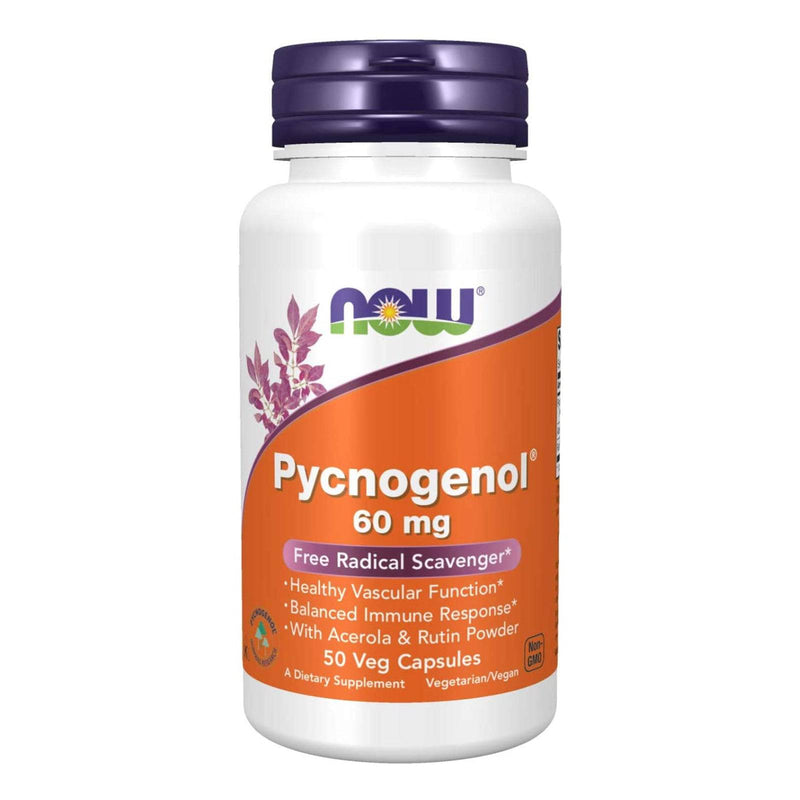 NOW Suplementos, Pycnogenol 60 mg (uma combinação única de proantocianidinas do pinheiro marítimo francês) com pó de acerola e rutina, 50 cápsulas vegetais