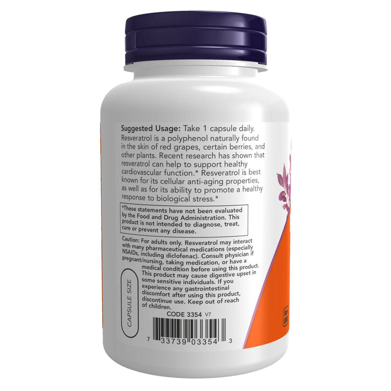 NOW Suplementos, Resveratrol Natural 200 mg com Extrato de Vinho Tinto, 120 Cápsulas Vegetais