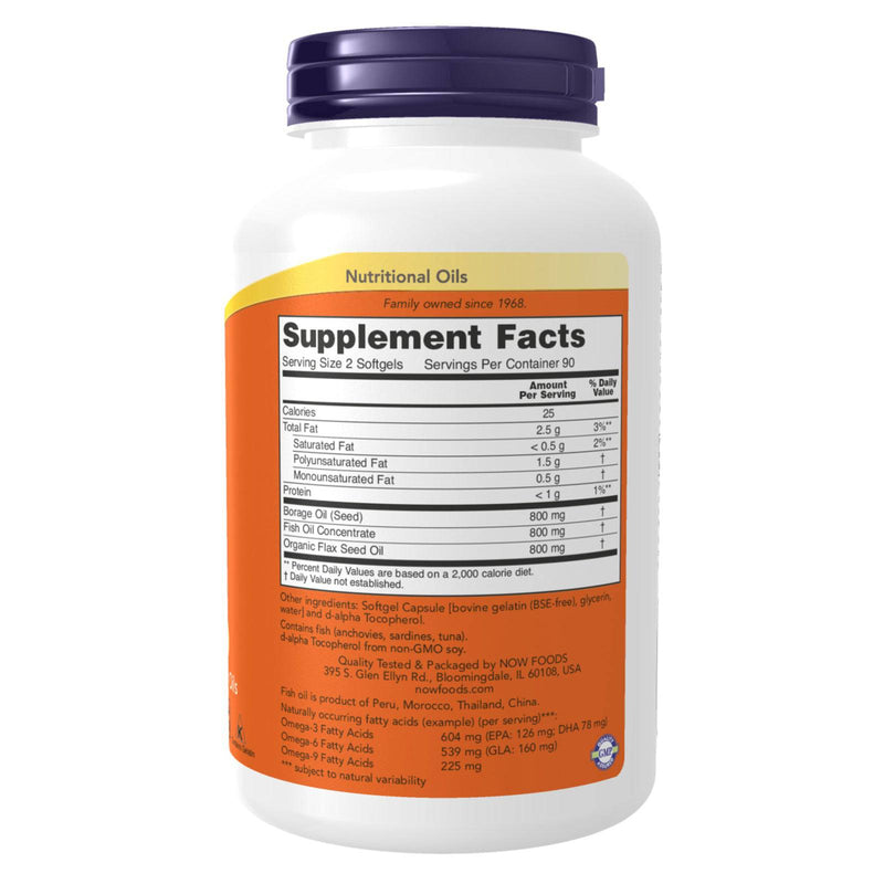 NOW Supplements, Super Omega 3-6-9 1200 mg con una mezcla de aceites de pescado, borraja y semillas de lino, 180 cápsulas blandas