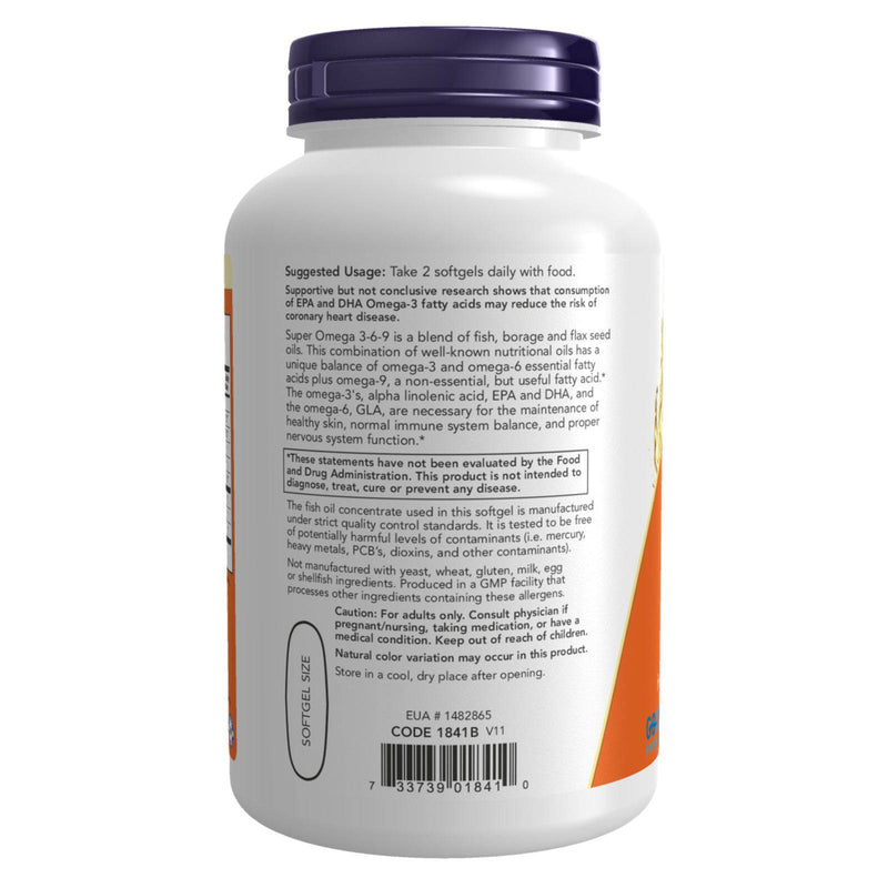 NOW Supplements, Super Omega 3-6-9 1200 mg con una mezcla de aceites de pescado, borraja y semillas de lino, 180 cápsulas blandas