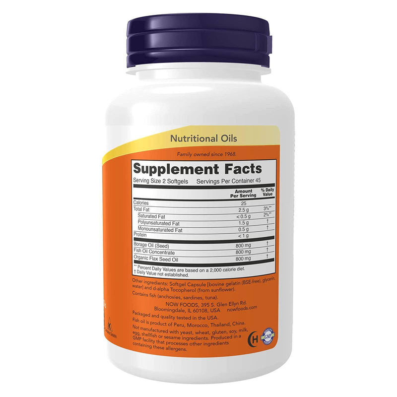 NOW Supplements, Super Omega 3-6-9 1200 mg con una mezcla de aceites de pescado, borraja y semillas de lino, 90 cápsulas blandas