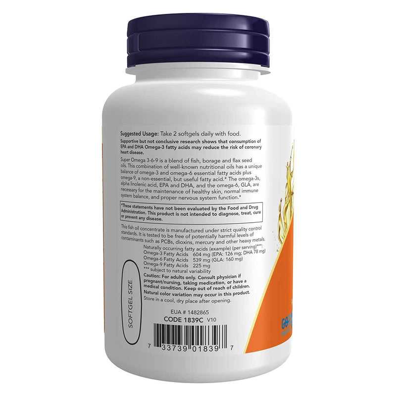 Suplementos NOW, Super Omega 3-6-9 1200 mg com uma mistura de óleos de peixe, borragem e semente de linho, 90 cápsulas gelatinosas