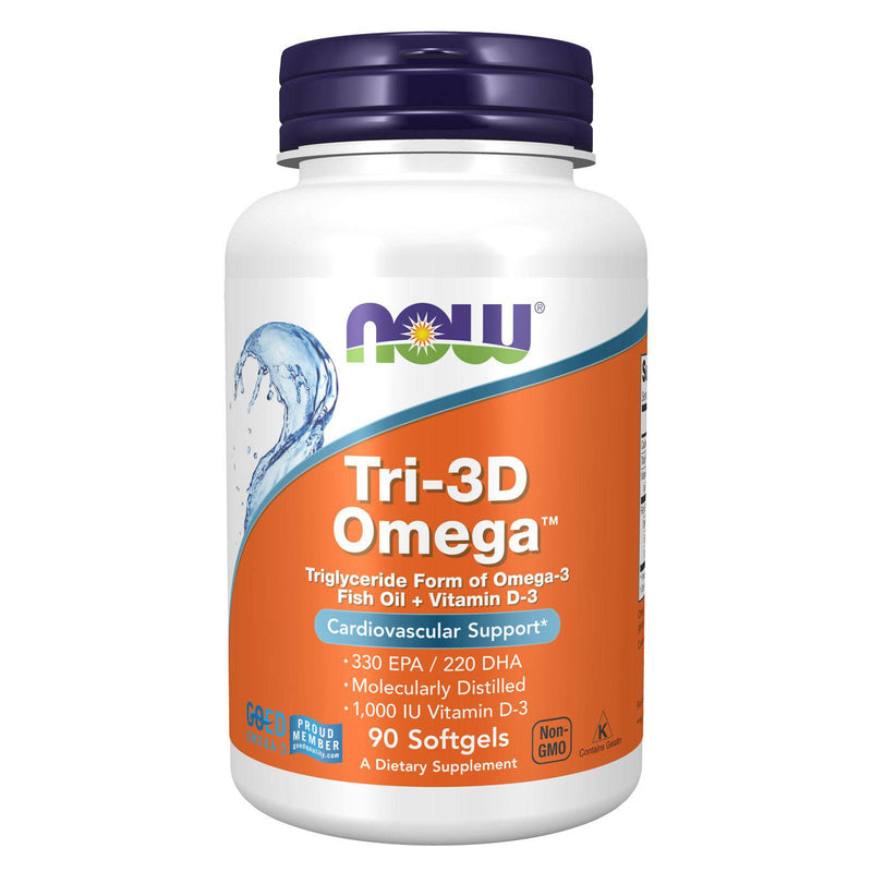 NOW Suplementos, Tri-3D Omega™, Forma de Triglicerídeos de Óleo de Peixe Ômega-3 + Vitamina D-3, Destilado Molecularmente, 90 Cápsulas Cápsulas