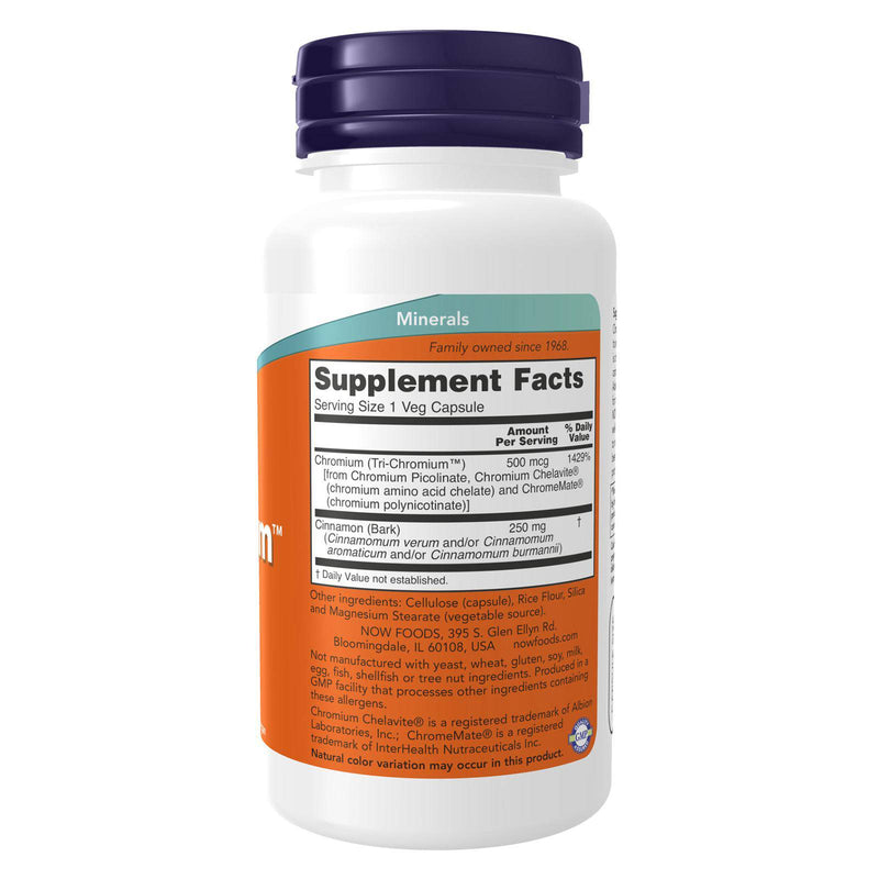 NOW Supplements, Tri-Chromium™ 500mcg, 계피 함유, 인슐린 보조 인자*, 90 식물성 캡슐 