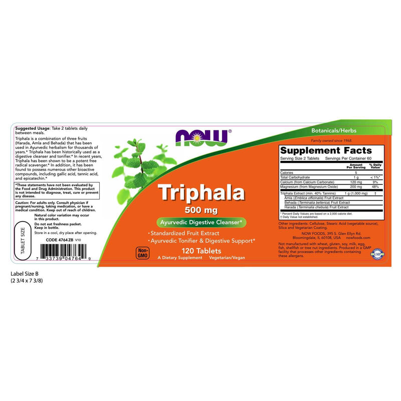 NOW Supplements, Triphala 500 mg, Harada, Amla 및 Behada의 혼합, 120정