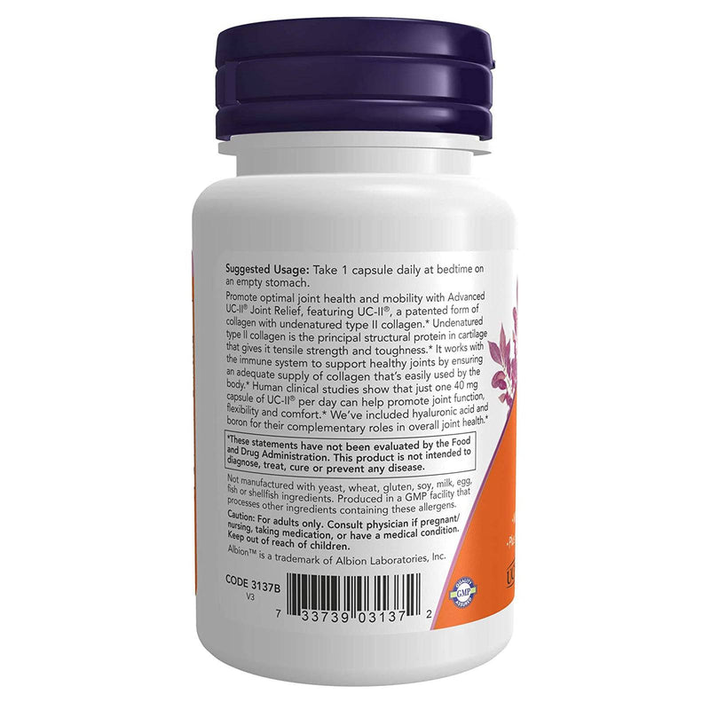 NOW Supplements, UC-II Advanced Joint Relief con colágeno tipo II sin desnaturalizar, además de ácido hialurónico, boro, vitamina D-3, 60 cápsulas vegetales