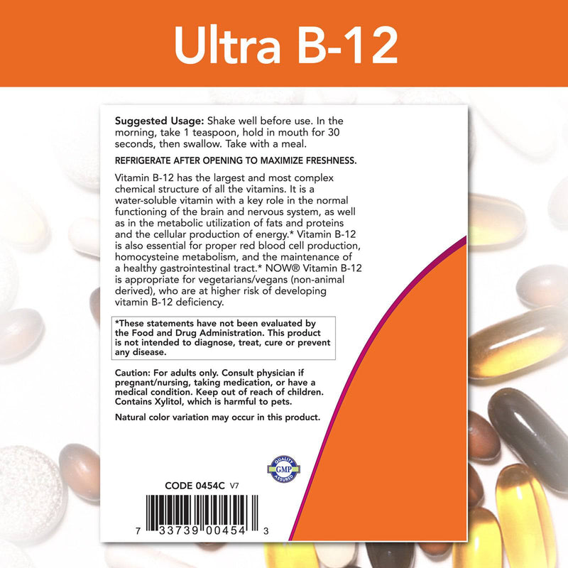 NOW Suplementos, Ultra B-12, líquido, 800 mcg de ácido fólico, produção de energia celular *, 16 onças