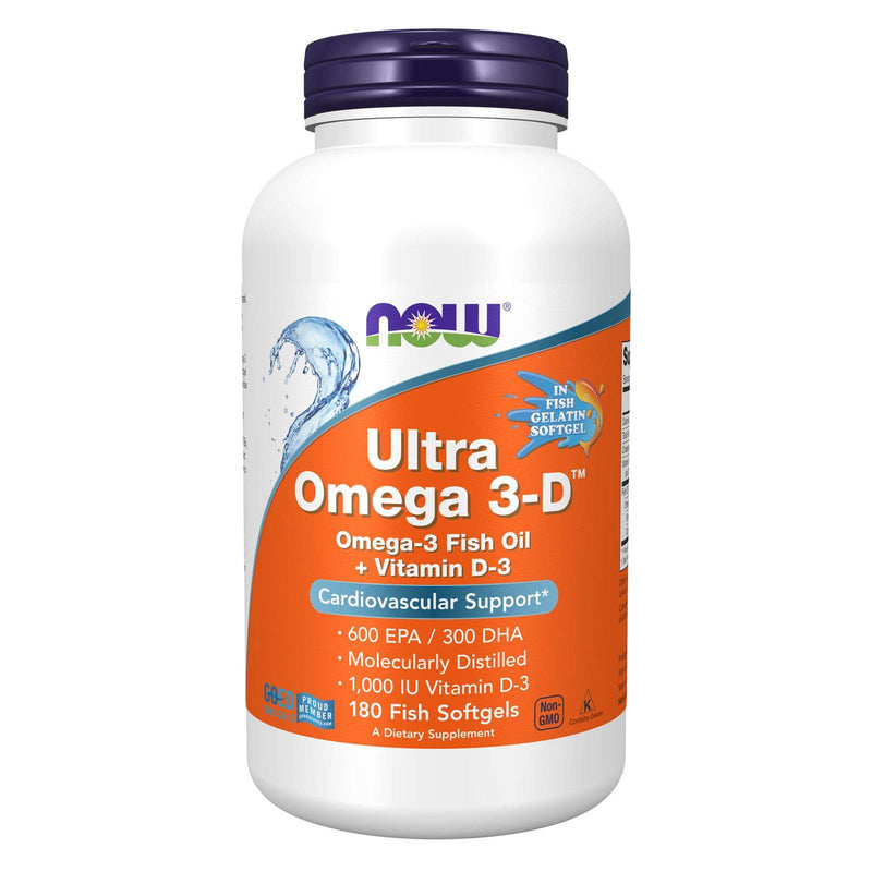 Suplementos NOW, Ultra Omega 3-D™, aceite de pescado Omega-3 + vitamina D-3, apoyo cardiovascular*, 180 cápsulas blandas