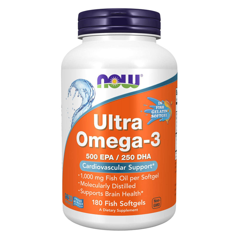 NOW Suplementos, Ultra Omega-3, 500 EPA e 250 DHA, Suporte Cardiovascular*, Cápsulas de Gelatina de 180 Peixes