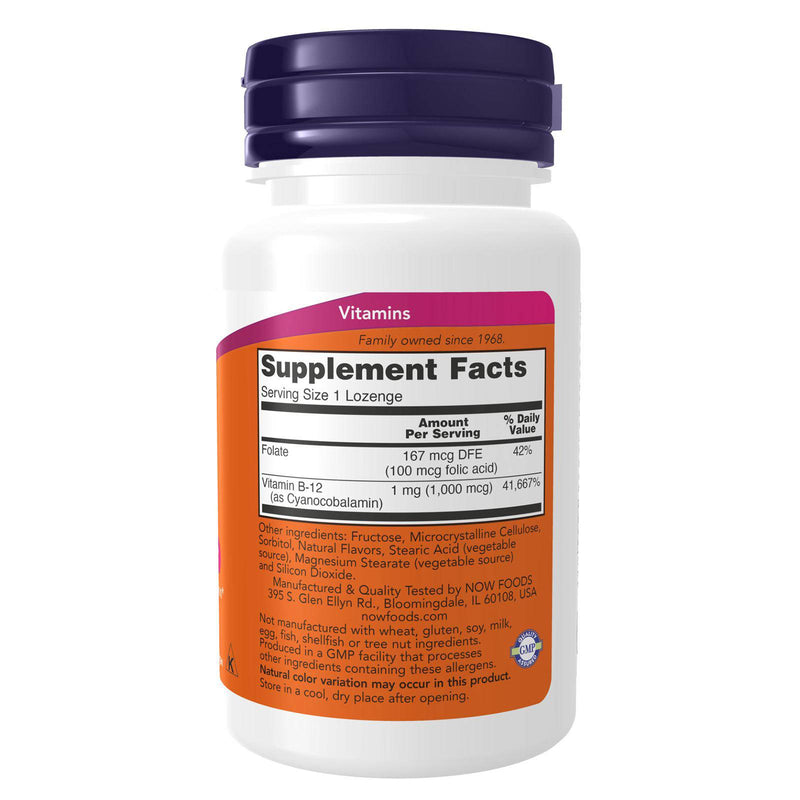 NOW Suplementos, Vitamina B-12 1.000 mcg com Ácido Fólico, Saúde do Sistema Nervoso*, 100 Pastilhas Mastigáveis