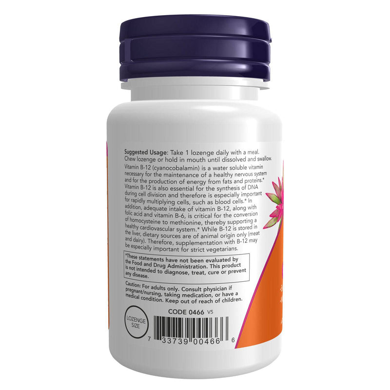 NOW Suplementos, Vitamina B-12 1.000 mcg com Ácido Fólico, Saúde do Sistema Nervoso*, 100 Pastilhas Mastigáveis