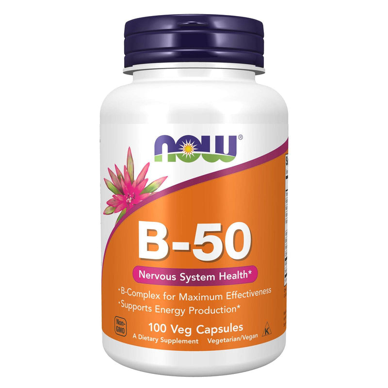 NOW Suplementos, Vitamina B-50 mg, Produção de Energia*, Saúde do Sistema Nervoso*, 100 Cápsulas Vegetais