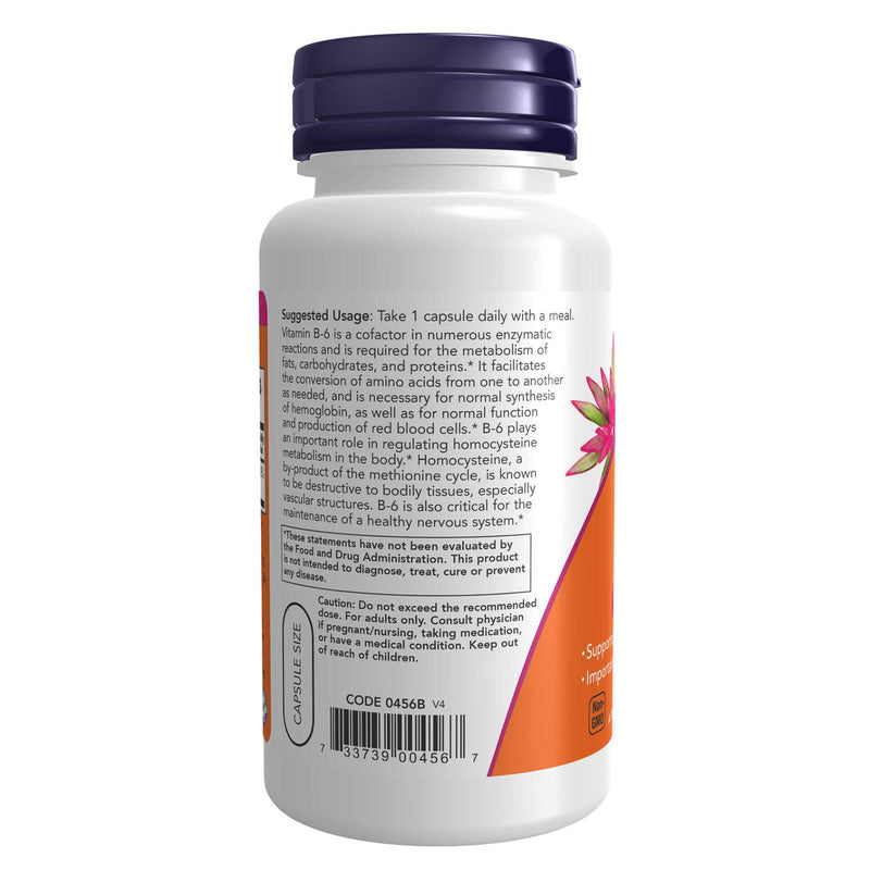 NOW Suplementos, Vitamina B-6 (Piridoxina HCl) 100 mg, Saúde Cardiovascular*, 100 Cápsulas Vegetais