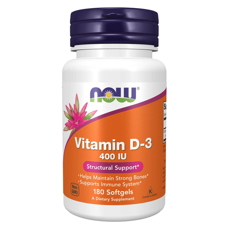 NOW Supplements, Vitamina D-3 400 UI, Bones Fortes *, Suporte Estrutural *, 180 Softgels