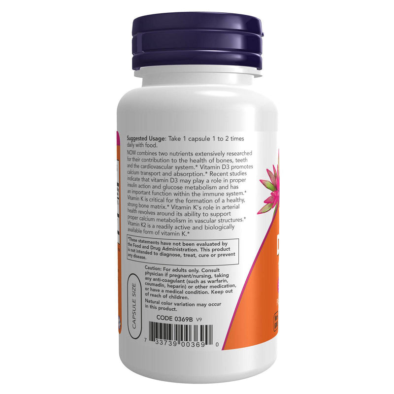 NOW Foods Vitamin D-3 & K-2 120 Veg Capsules