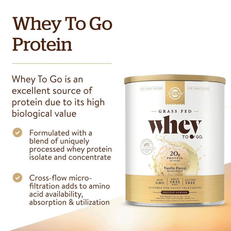 Solgar Whey To Go Protein Powder, Sabor Natural de Baunilha 32oz