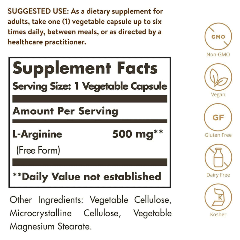 Solgar L-Arginine 500 mg 100 Vegetable Capsules