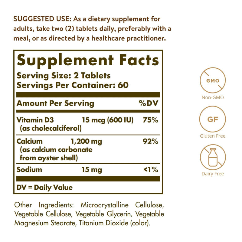 Solgar Calcio &quot;600&quot; (de Concha de Ostra con Vitamina D3) - 120 Comprimidos