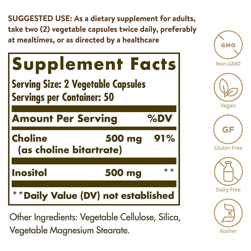 Solgar Colina/Inositol 500 mg/500 mg - 100 Cápsulas Vegetales