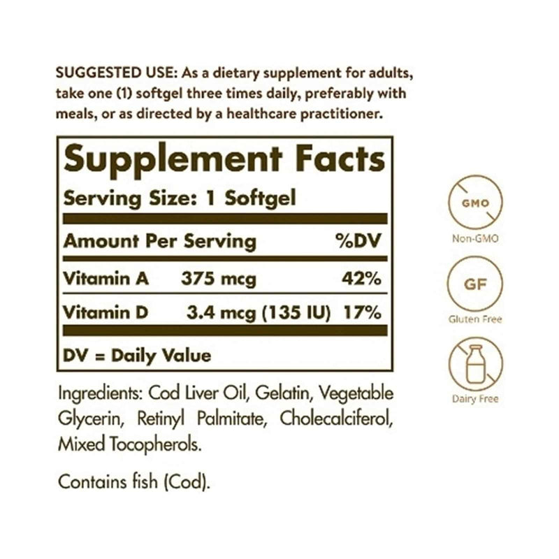 Óleo de Fígado de Bacalhau Solgar (Suplemento de Vitamina A e D) - 100 Cápsulas Cápsulas