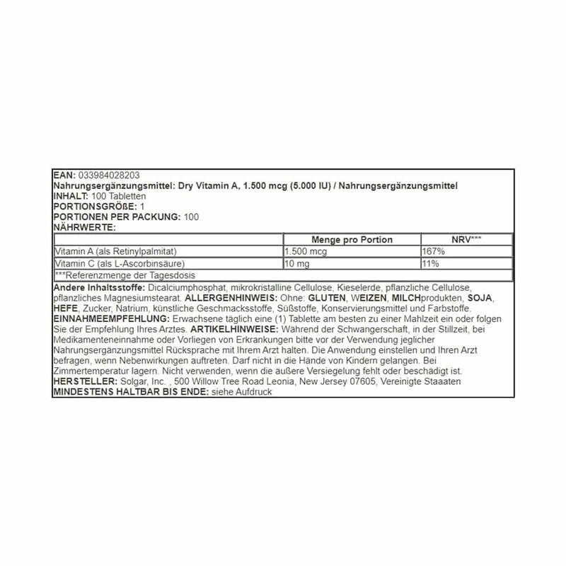 Solgar Vitamina A Seca 1500 mcg (5000 UI) 100 Comprimidos