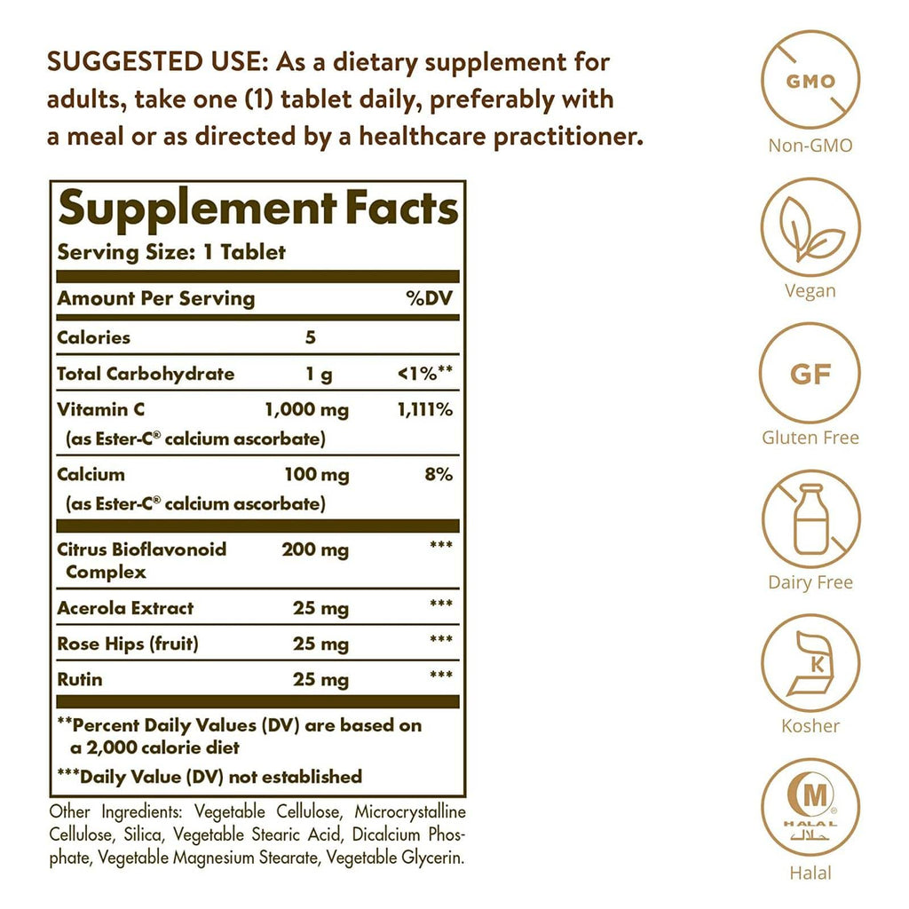 Solgar Ester-C Plus 1000 mg Vitamin C (Ester-C Ascorbate Complex) 60 Tablets - DailyVita