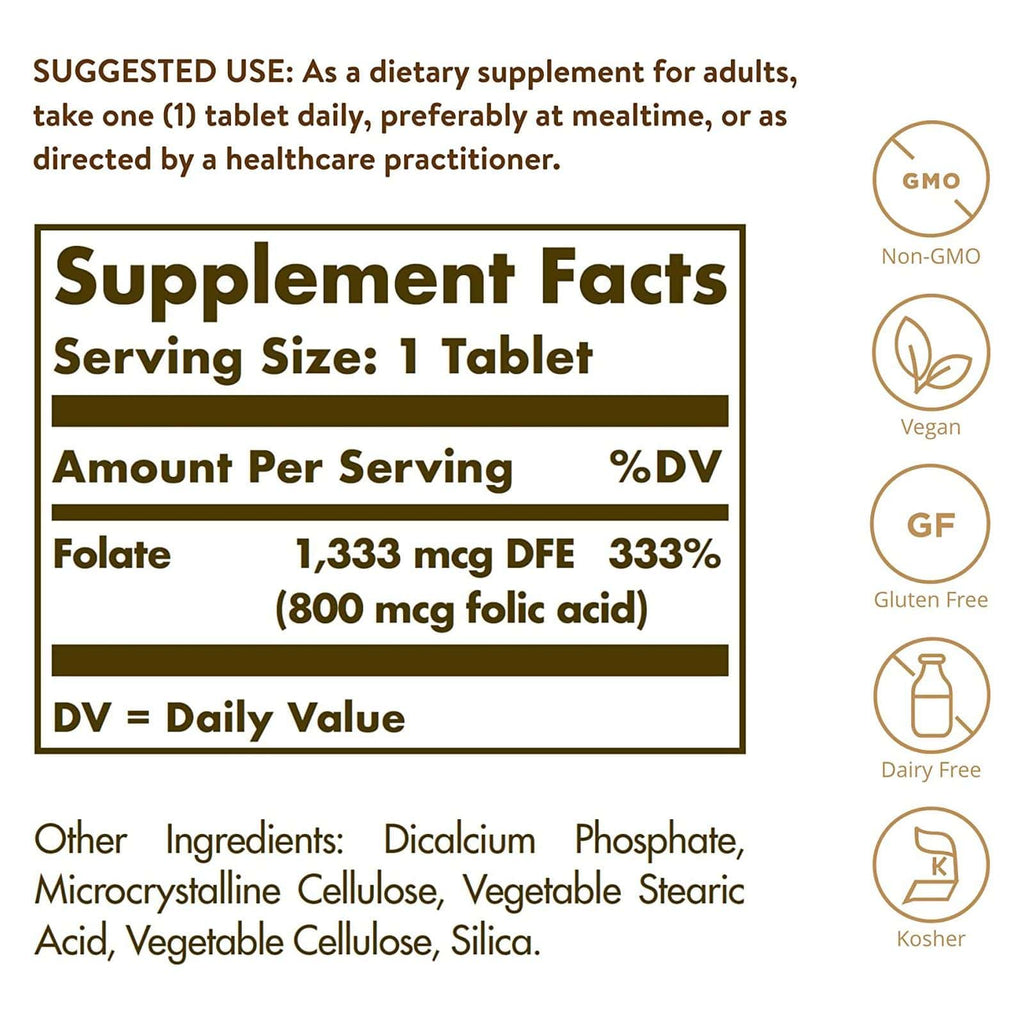 Solgar Folate 1,333 mcg DFE (800 mcg FOLIC ACID) 250 Tablets - DailyVita
