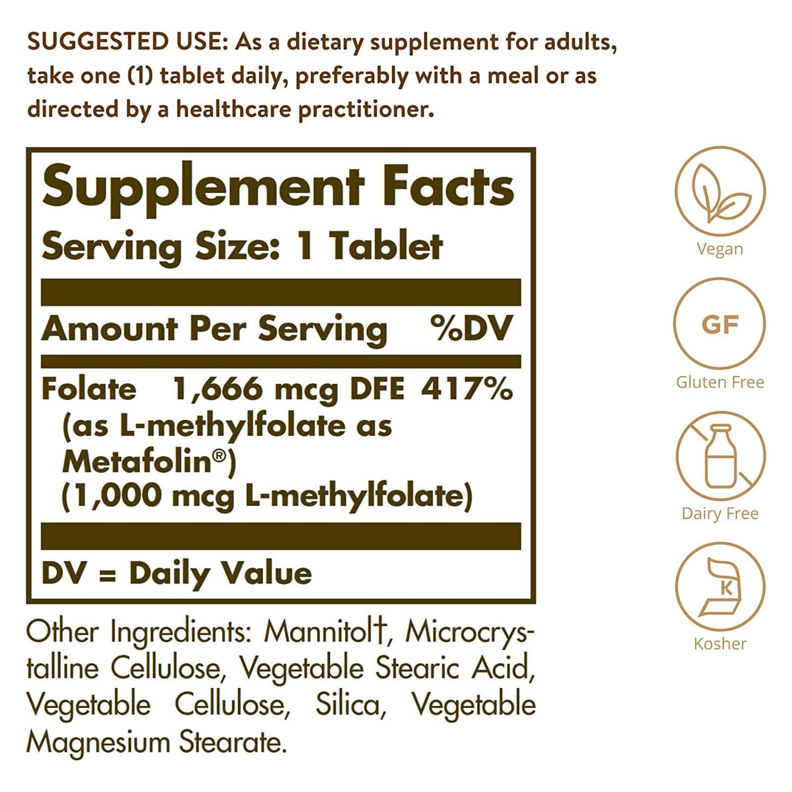 Solgar Folate 1000 mcg (Metafolin 1,000 MCG) 120 Tablets | DailyVita