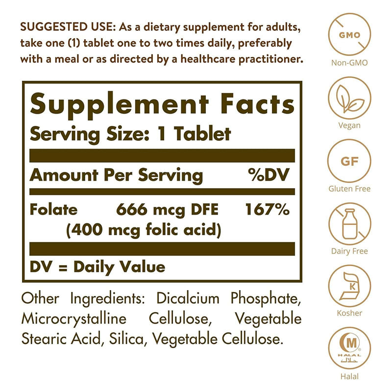 Solgar Folate 666 mcg DFE (FOLIC ACID 400 MCG) 250 Tablets