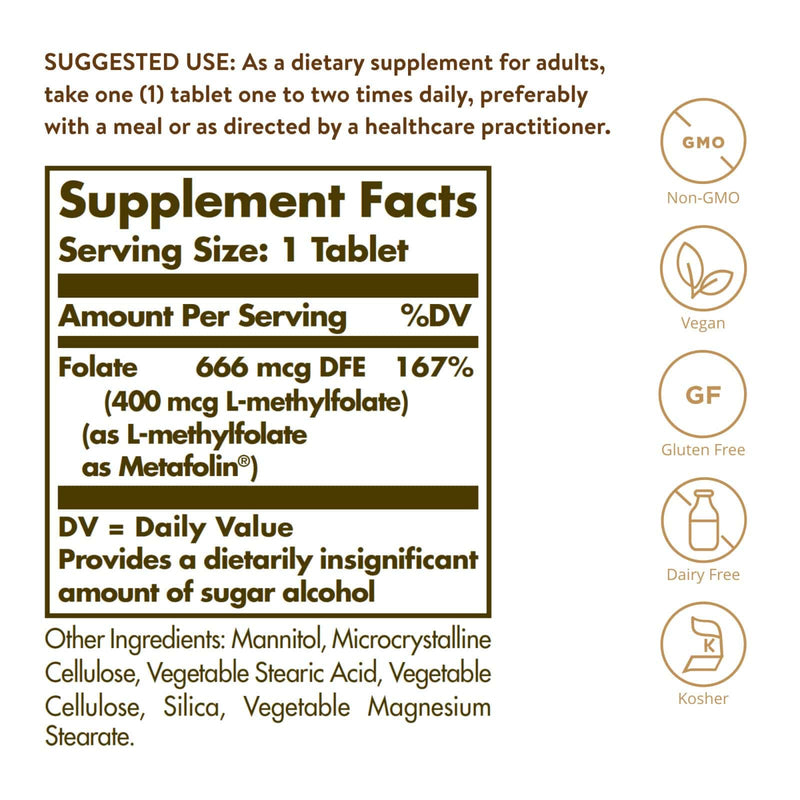 Solgar Folate 666 mcg DFE (Metafolin 400 MCG) 100 Tablets