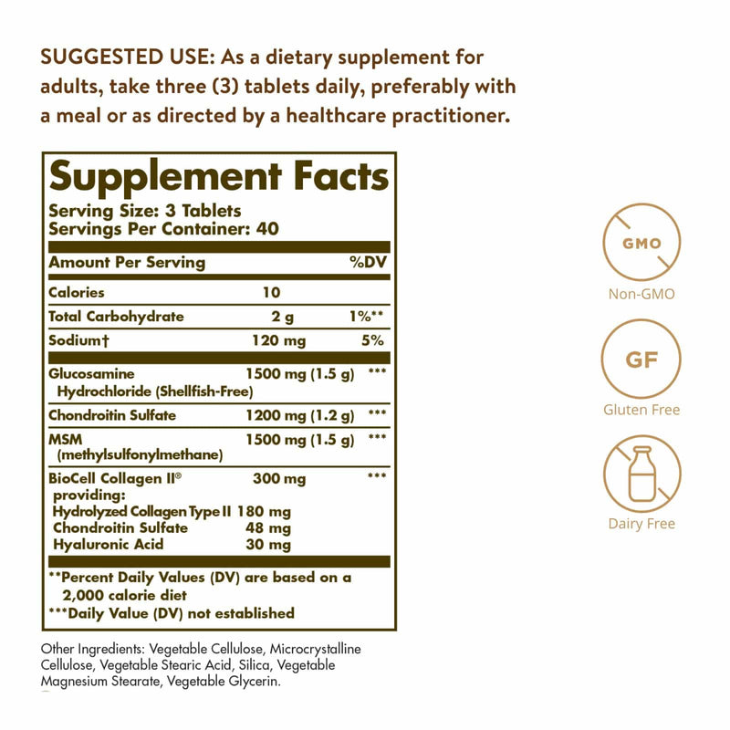 Solgar Glucosamine Hyaluronic Acid Chondroitin MSM (Shellfish-Free) 120 Tablets