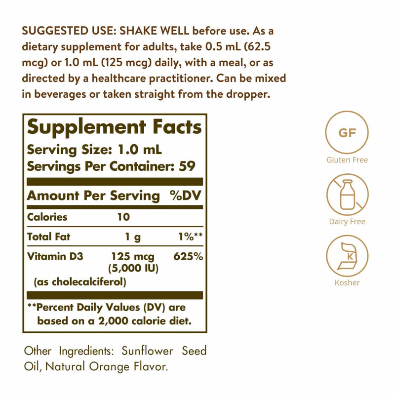 Solgar Liquid Vitamin D3 (Cholecalciferol) 125 mcg (5,000 IU) Natural Orange 2 fl oz