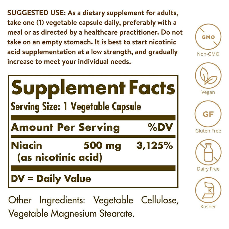 Solgar 烟酸（维生素 B3）500 毫克 250 粒植物胶囊