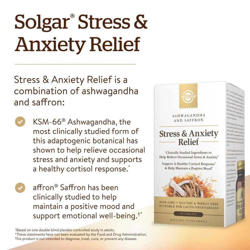 Solgar Stress & Anxiety Relief, Ashwagandha 및 샤프론 함유, 30 정